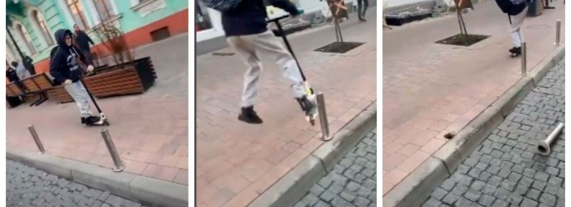 “Розваги” дітей шокують: заради відео у TikTok підліток на самокаті збив обмежувач (ВІДЕО)